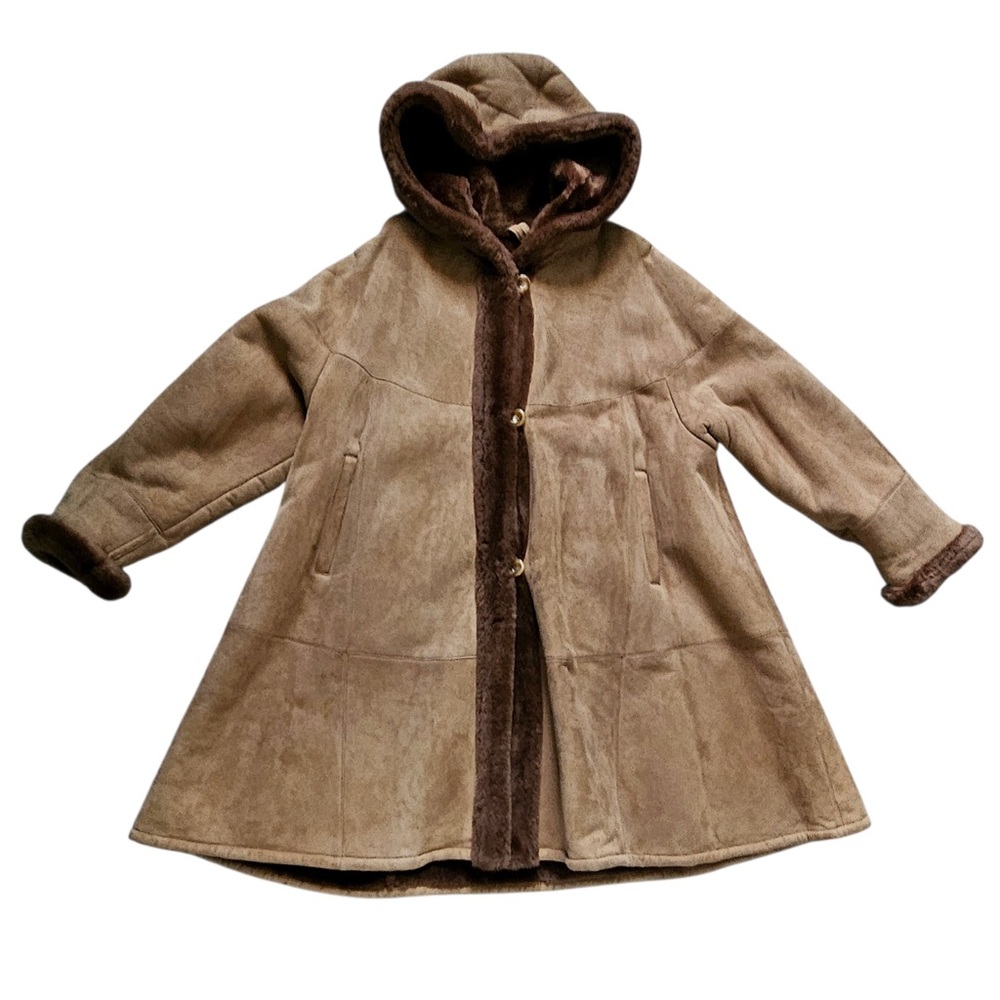 Women’s Suede Leather Shearling Hooded Winter Coat Size 44 (Medium)